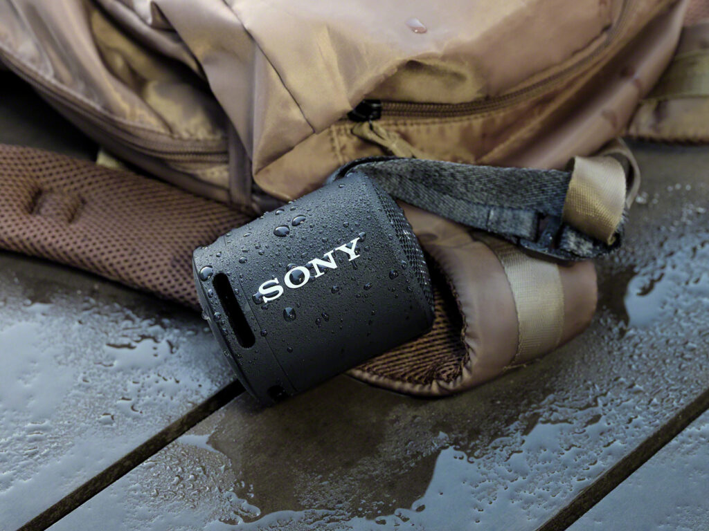 Sony Waterproof Speaker on a backpack