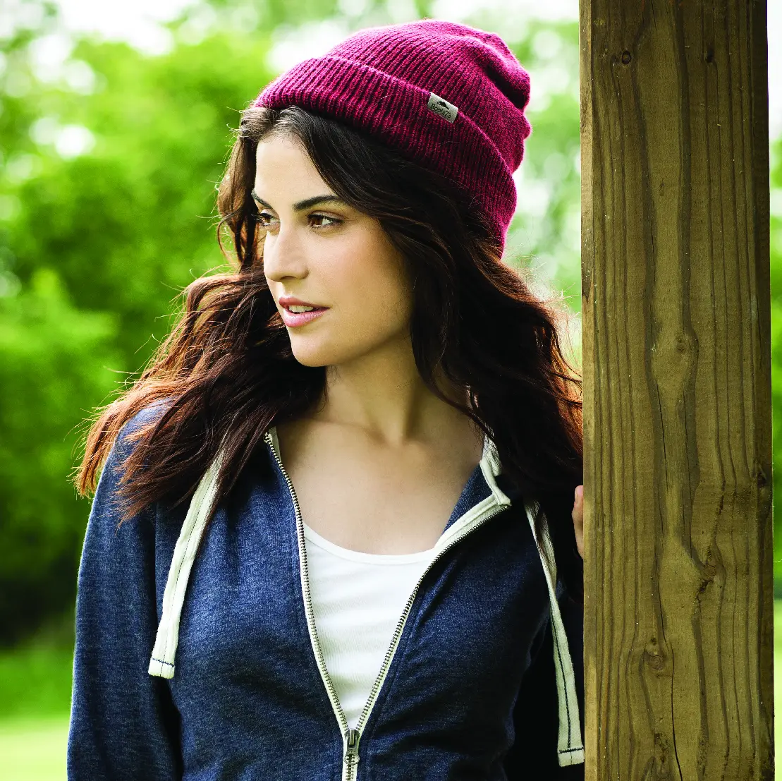 Female model with red beanie on